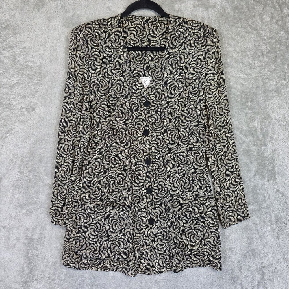 Vintage A.K.F. Blazer Jacket Womens 10 Black Floral Button Front Longline USA